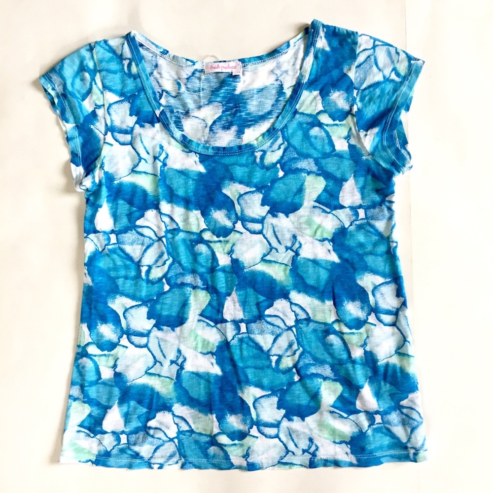 Fresh Produce Blue Floral Scoop Neck Tee Tshirt XS